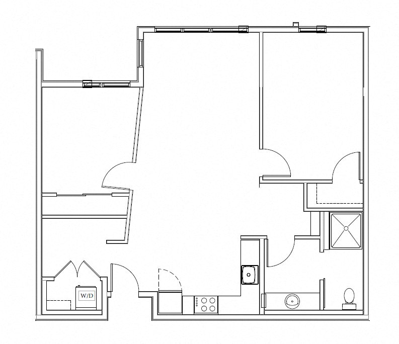 Floor plan for 2 beds, 1 bath, 999 sqft
